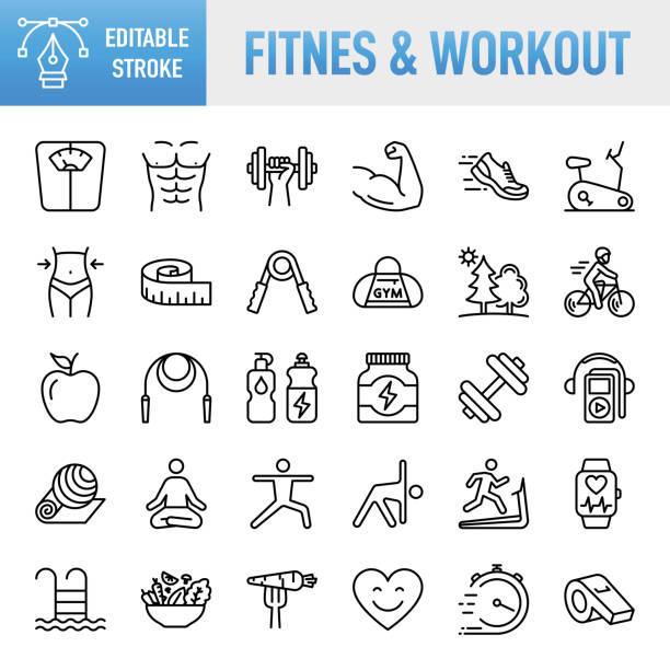Thin line vector icon set. Pixel perfect. Editable stroke. For Mobile and Web. The set contains icons: Healthy Lifestyle, Exercising, Sport, Healthy Eating, Gym, Wellbeing, Dieting, Healthcare And Medicine, Weight Scale, Lifestyles, Running, Yoga Thin line vector icon set. 30 linear icon. Pixel perfect. Editable stroke. For Mobile and Web. The set contains icons: Healthy Lifestyle, Exercising, Sport, Healthy Eating, Gym, Wellbeing, Dieting, Healthcare And Medicine, Weight Scale, Lifestyles, Running, Yoga gym icons stock illustrations