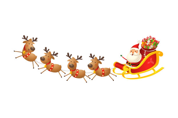 ilustraciones, imágenes clip art, dibujos animados e iconos de stock de lindo y feliz trineo de santa con regalos celebrar las fiestas navideñas - ilustración vectorial aislada - papa noel