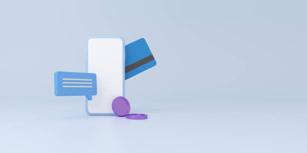 istock Smartphone, chat icon credit card and coin on minimal blue background. 1350458807