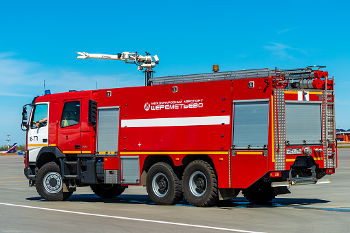 May 11, 2021 Moscow, Russia. A fire truck on the airfield of the Sheremetyevo airport in Moscow.