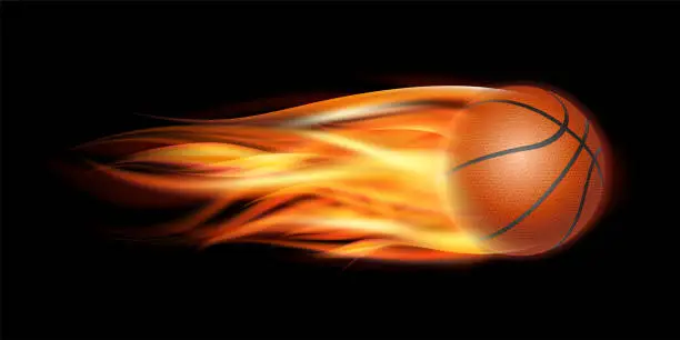 Vector illustration of Flaming Basketball Ball. Basketball Ball flying in fire on dark background.