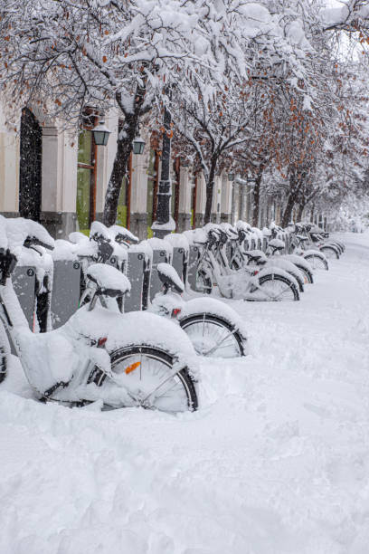 istock Snow-covered bicycles on a winter's day 1350461985