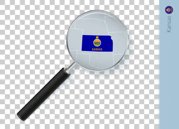 Vector illustration of Kansas map with flag in magnifying glass on transparent background.