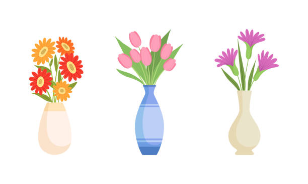 ilustrações, clipart, desenhos animados e ícones de buquê de flores e grupo descansados em vaso de cerâmica como conjunto vetorial de decoração de interior para casa - vase