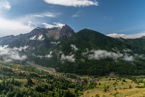 Stitched Panorama of the City of Waterton Lakes National Park During the Day, Alberta, Canada. View from Bear’s Hump trail lookout.