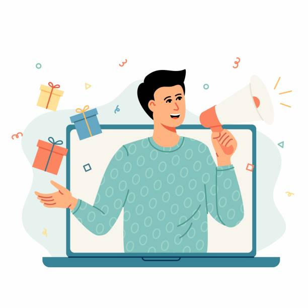 Cheerful man out laptop holding a megaphone and a gifts next to a his hand. Cheerful man out laptop holding a megaphone and a gifts next to a his hand. I Love Shopping. Black Friday sale and discounts. Online sale concept loudon stock illustrations