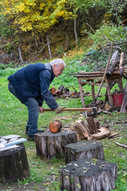 istock Senior man cutting a wood with axe 1350471869