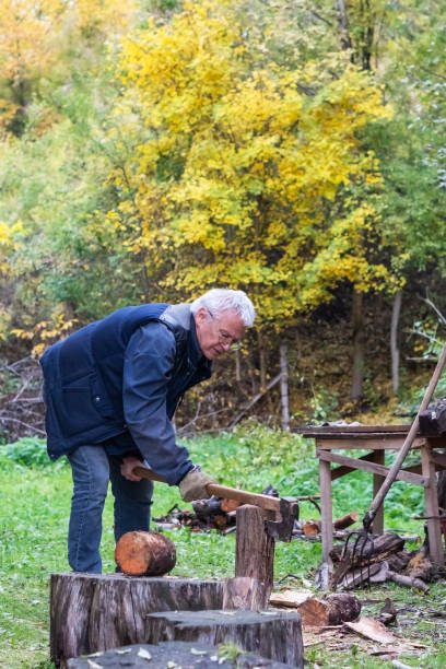 istock Senior man cutting a wood with axe 1350471887