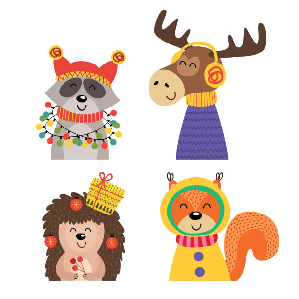 set of isolated elk, raccoon, hedgehog, squirrel vector art illustration
