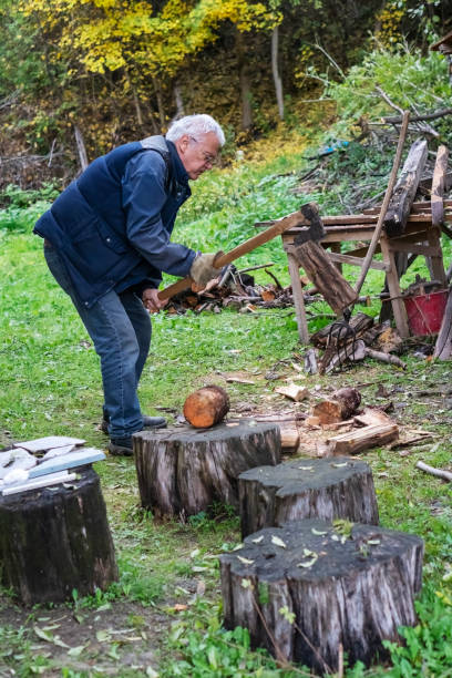 istock Senior man cutting a wood with axe 1350471966