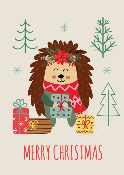 Christmas card with hedgehog and gifts vector art illustration