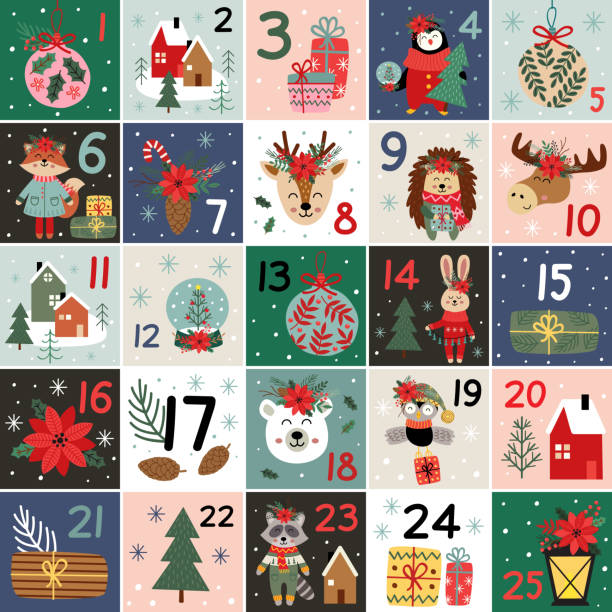 Christmas Advent calendar with animals and other elements vector art illustration