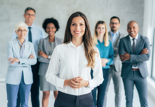 High angle view of a diverse group of business people. Square shot. Isolated on white.