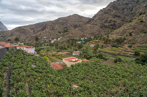 Village La Hermigua, plantations of bananas and other fruits. La Gomera, Canary island