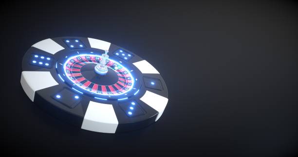 istock Casino Chip With Roulette Wheel Inside, Modern Black And White With Blue Neon Lights - 3D Illustration 1350481072