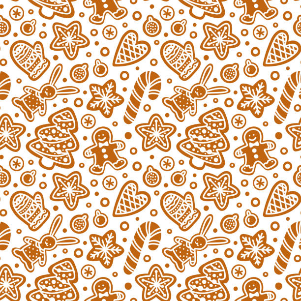 ilustrações de stock, clip art, desenhos animados e ícones de gingerbread cookie seamless pattern. gingerbread man, christmas tree, snowflake, star, hare, candy cane, mitten. winter holiday sweets. hand drawn vector background for print design - candy hard candy wrapped variation