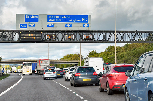 Strensham, England - October 2021: Traffic congestion from traffic queuing on the M5 motorway