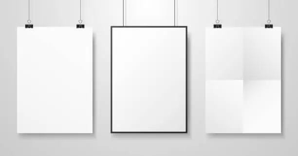 Vector illustration of White posters mockup. Three different paper sheets with shadow. Photo blanks collection hanging on wall. A4 realistic templates. Vector illustration