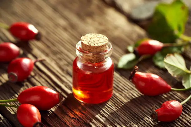 A bottle of rose hip seed oil with fresh rose hip berries and leaves on a table