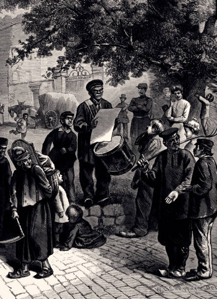 ELECTION PROCLAMATION IN A FRENCH VILLAGE    (XXXL) 1877, FRENCH POLITICS: TOWN-CRIER READING AN ELECTION PROCLAMATION IN A VILLAGE. 
DRAWN BY W.L.SHEPPARD. DIGITAL RESTORATION BY PICTORE. town criers stock illustrations