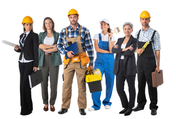 trabajadores de la industria de la construcción en blanco - construction worker building contractor craftsperson full length fotografías e imágenes de stock