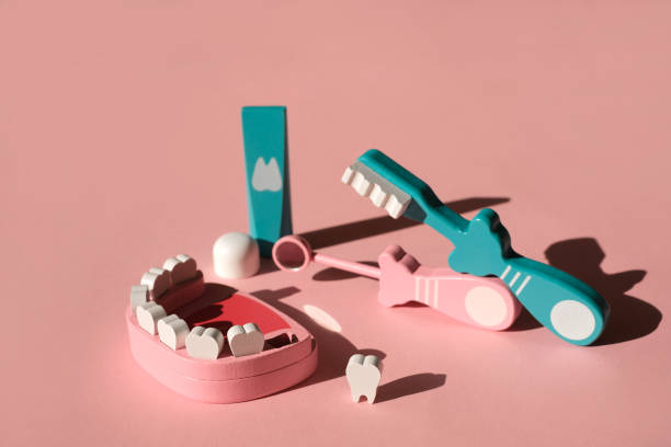 istock Model of a jaw with a fallen tooth and dental instruments 1350490729