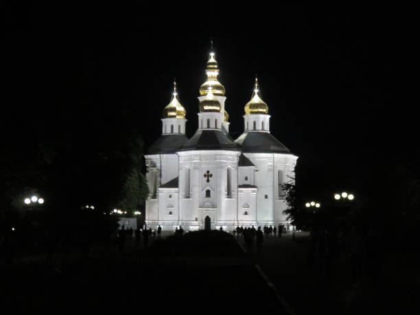 Orthodox Christian St. Catherine's Cathedral in Chernihiv at night.