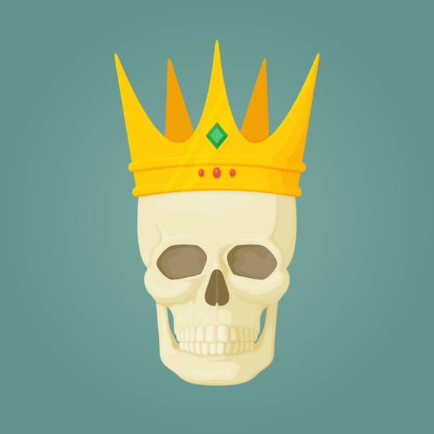 istock Human skull with a golden crown with precious stones. Pirate treasure, reward, danger, exploration. Cartoon style illustration. Vector. 1350495966