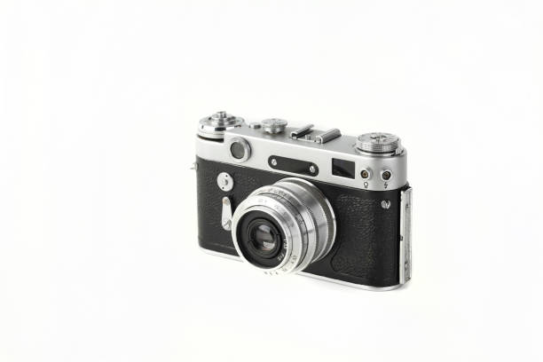istock Old film rangefinder camera produced from 50's on white background. 1350496159
