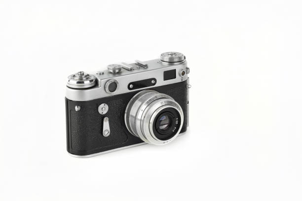 istock Old film rangefinder camera produced from 50's on white background. 1350496160