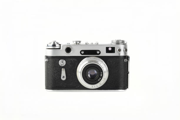 istock Old film rangefinder camera produced from 50's on white background. 1350496161
