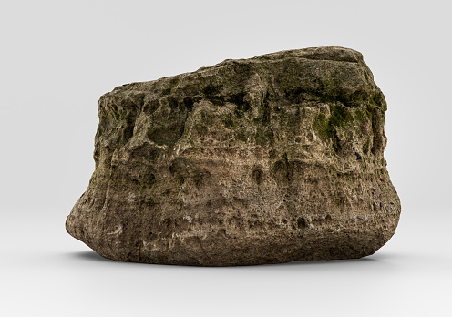 Realistic and detailed hi-res rock model with mossy surface on the white background, 3d Rendering, no people