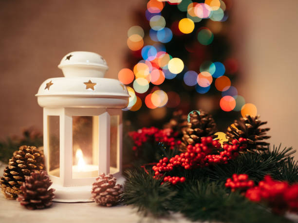 istock Christmas lantern on wooden table 1350499628