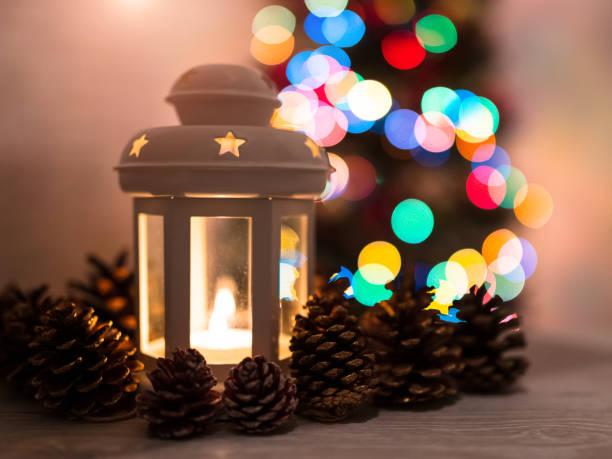 istock Christmas lantern on wooden table 1350499639