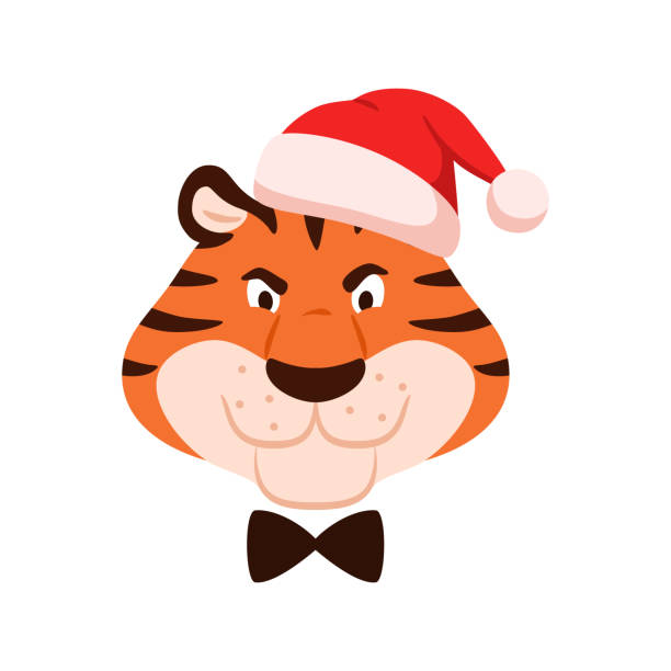 istock Flat angry tiger in Santa hat head isolated on white background. Cute dissatisfied wild cat face. Chinese symbol of New Year 2022. Christmas holiday color animal portrait character vector illustration 1350500997