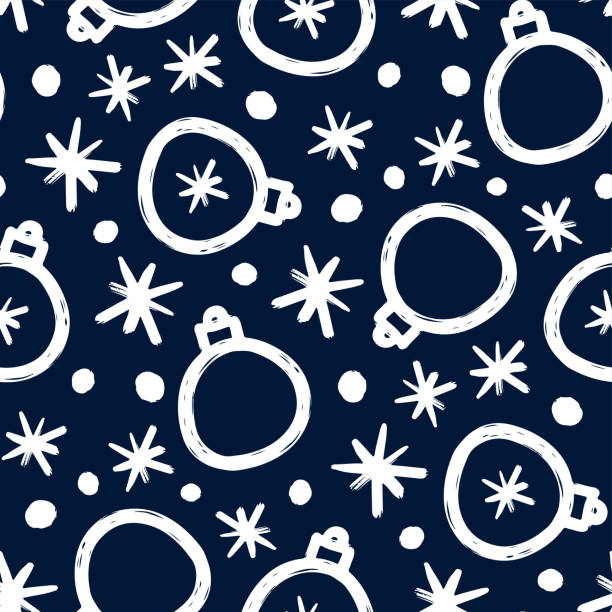 ilustrações, clipart, desenhos animados e ícones de bolas de natal de tinta branca e flocos de neve isolados em fundo azul escuro. padrão fofo de natal sem emendas. ilustração desenhada à mão gráfica plana vetorial. textura. - illustration and painting vector sketch doodle