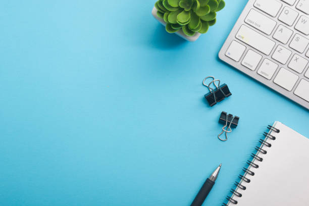 istock Office desk table with supplies. Flat lay Business workplace and objects. Top view. Copy space for text 1350503336