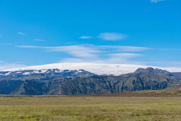 Glacier Myrdalsjokull in the beautiful countryside landscape of south Iceland
