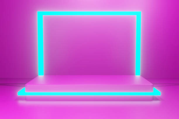 istock Abstract product presentation platform, podium stand with neon lights 1350509953