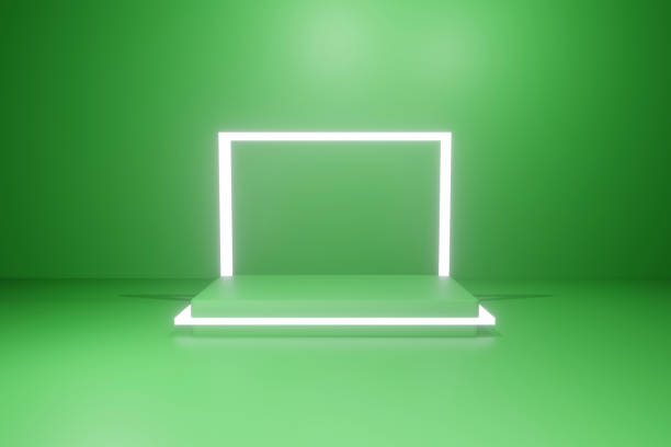 plataforma de presentación de productos abstractos, soporte de podio con luces de neón - fondo verde fotos fotografías e imágenes de stock