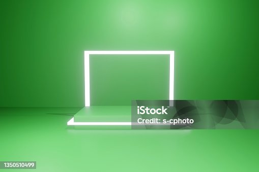 istock Abstract product presentation platform, podium stand with neon lights 1350510499