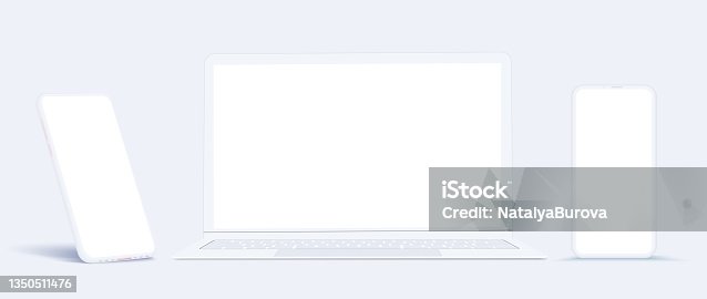istock The layout is a template for a mobile phone and a laptop. A white phone in the rotated position with a blank screen for design. Snow-white, lightweight design of  phone and laptop.  illustration 1350511476