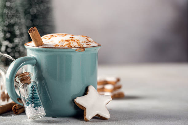 Eggnog houmemade with cinnamon and cacao Eggnog houmemade with cinnamon and cacao and gingerbread stars cookies with white glaze for Christmas and winter holidays. Copy space hot chocolate photos stock pictures, royalty-free photos & images