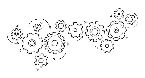 ilustrações, clipart, desenhos animados e ícones de conjunto de engrenagens desenhados à mão. estilo de esboço de doodle - gear cooperation wheel motion