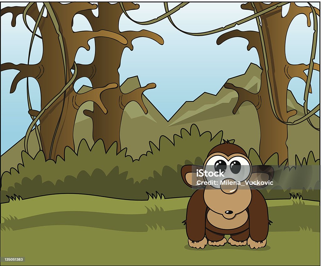 Divertente Fumetto di scimmia nella giungla selvatica - arte vettoriale royalty-free di Albero