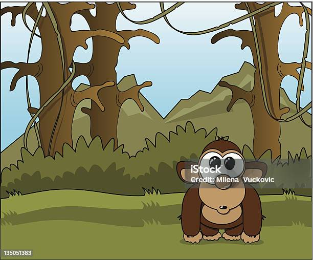 Divertente Fumetto Di Scimmia Nella Giungla Selvatica - Immagini vettoriali stock e altre immagini di Albero