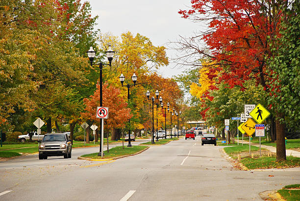 An old suburban midwestern neighborhood during Autumn.