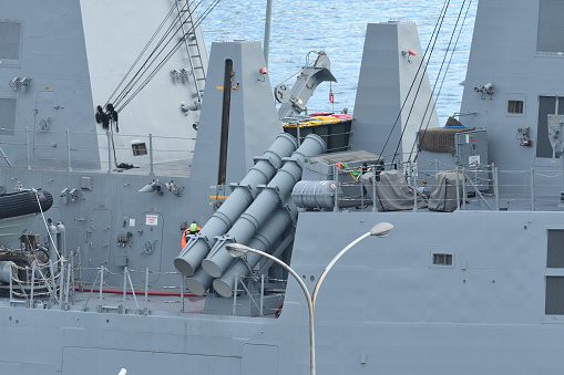 Kanagawa, Japan - October 19, 2019:Royal Australian Navy Harpoon Ship-to-Ship Missile launcher on HMAS Hobart (DDG-39).