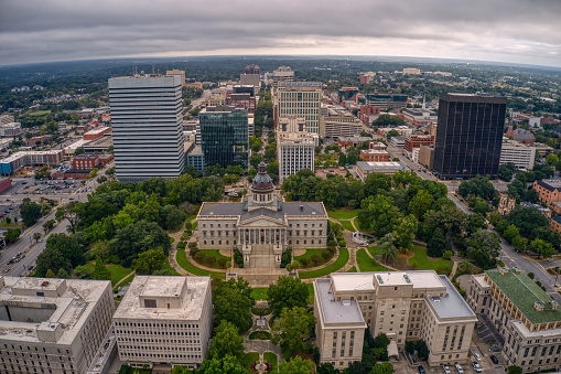 Aerial View of Downtown Columbia, South Carolina on a cloudy Day