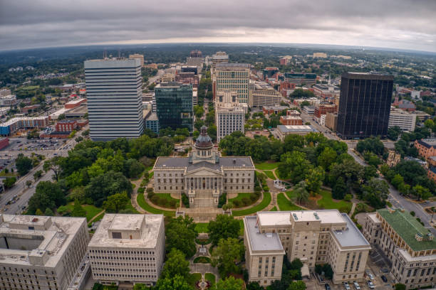 Aerial View of Downtown Columbia, South Carolina on a cloudy Day stock photo